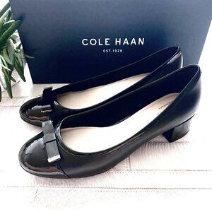 New Cole Haan Kelsey Block Heel Pump in Black/Black Patent Size 9.5
